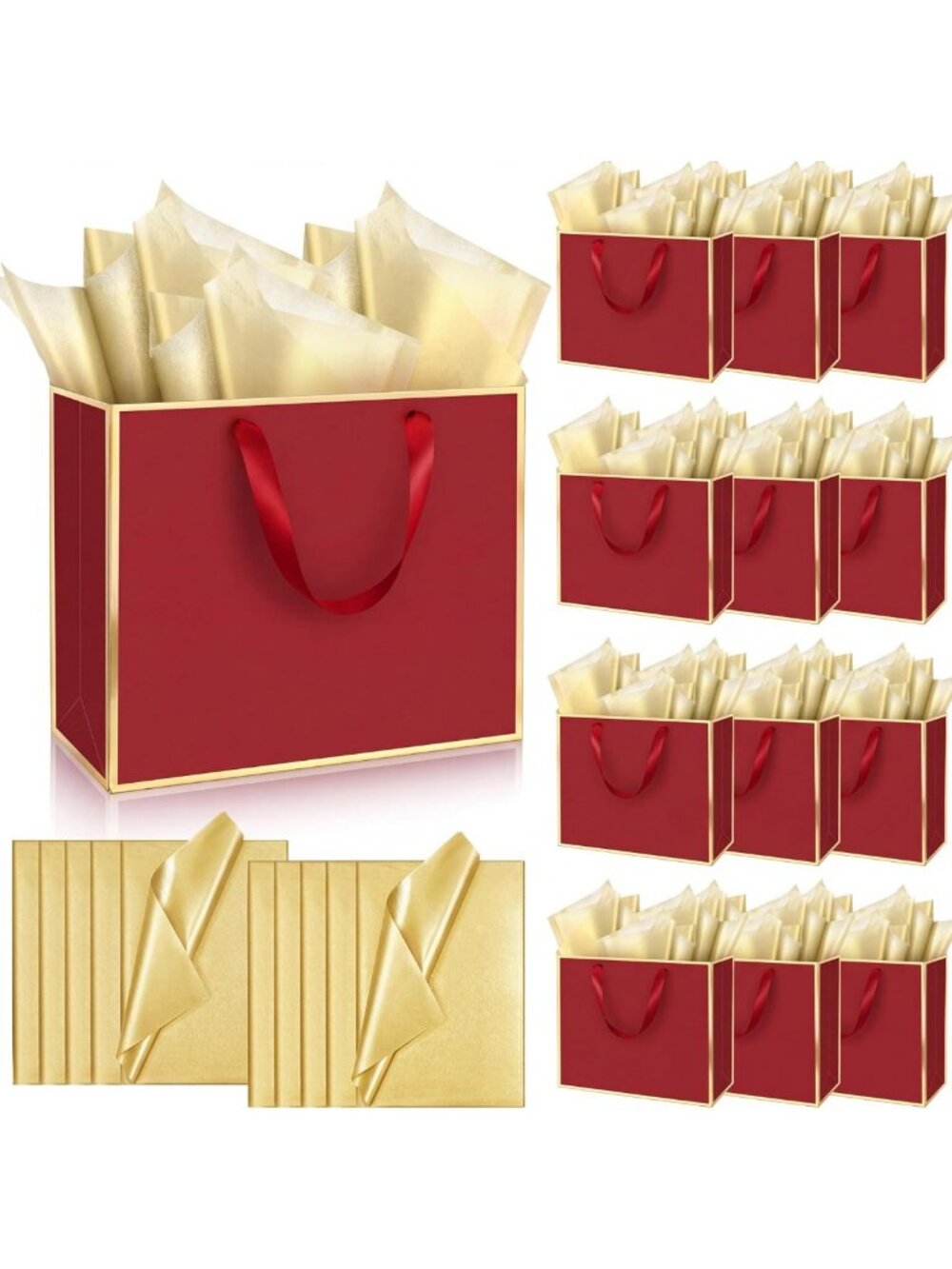 Elegant Burgundy Red Gift Bags with Handles & Tissue Paper - 12 Pack, Gold